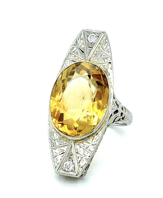 Original Art Deco 13ct Citrine 14KW Gold Ring .10ct Diamond 6.40g 5 Size
