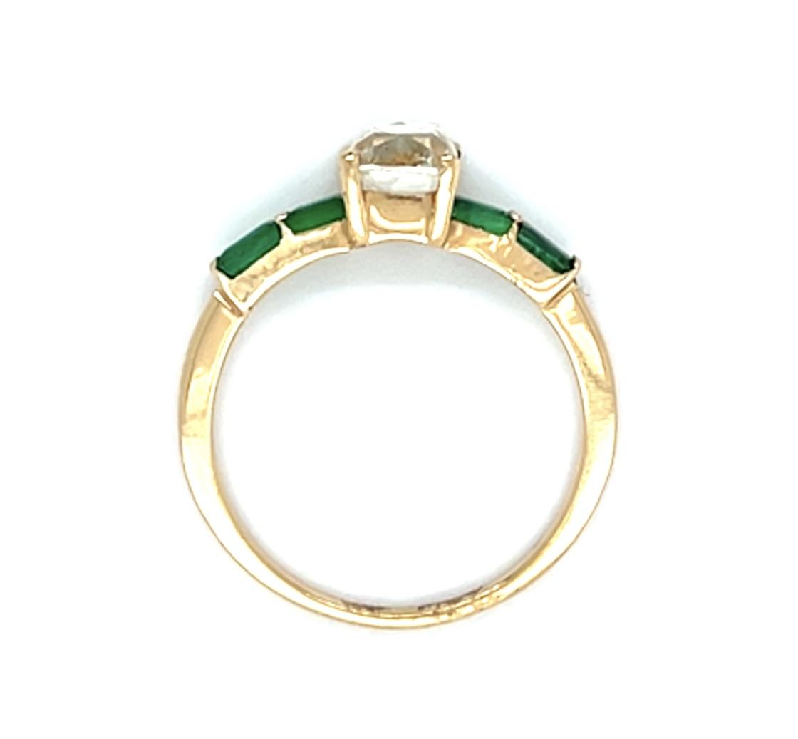 1.11ct Old Mine Cushion Diamond 18KY Gold Ring .40ct Emerald 2.20g