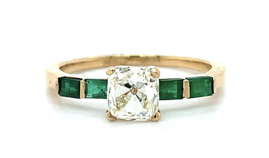 1.11ct Old Mine Cushion Diamond 18KY Gold Ring .40ct Emerald 2.20g
