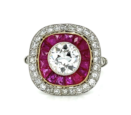 1.25ct Old Euro Diamond 1.50ct French-cut Rubies PT+18KW Gold Handmade Ring