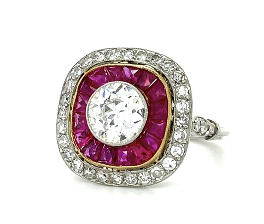1.25ct Old Euro Diamond 1.50ct French-cut Rubies PT+18KW Gold Handmade Ring