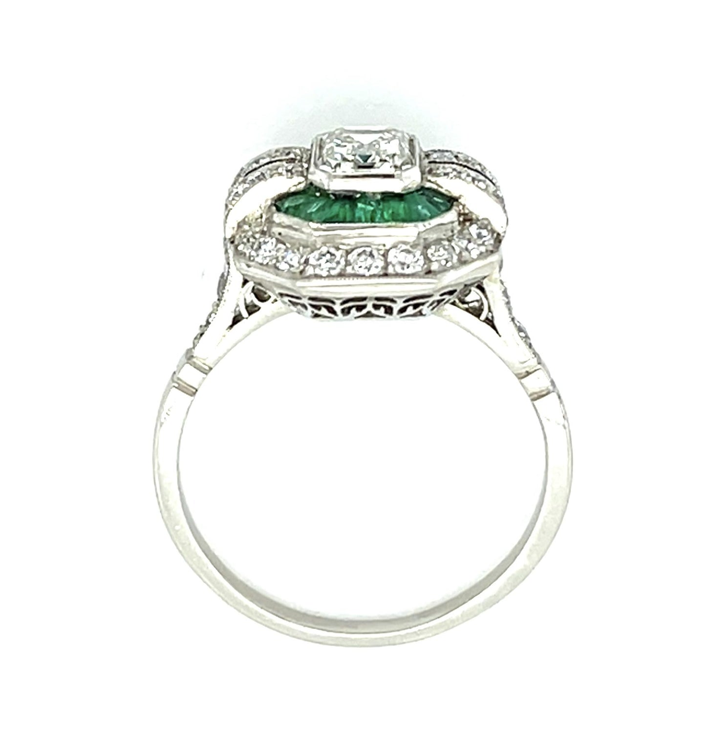 1ct (I VS1) Emerald-cut Diamond Platinum Handmade Ring .40ct French-cut Emerald