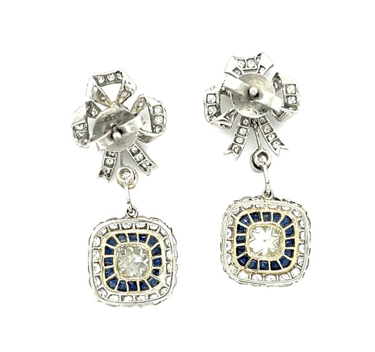 1ct Euro Diamond Centers 1.50ct French-cut Sapphires Platinum Handmade Earrings