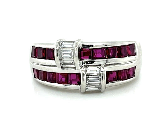 .39ct Emerald-cut Diamond 1.54ct Ruby Platinum Ring 9.60g