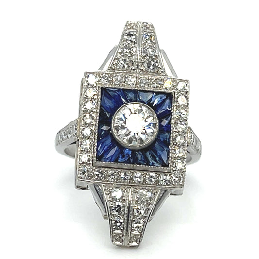 .64ct Old Euro Center 1.50ct Sapphire 1.20ct SD PT Ring