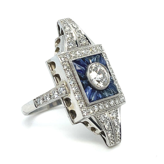 .64ct Old Euro Center 1.50ct Sapphire 1.20ct SD PT Ring