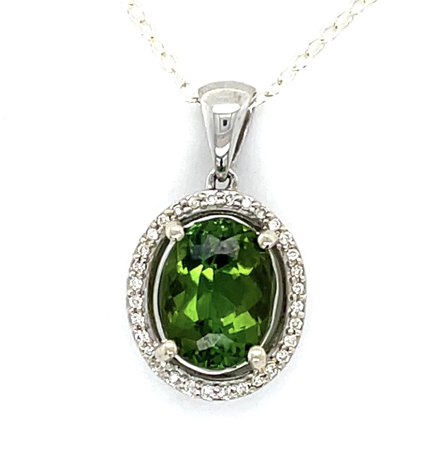 3.50ct Green Tourmaline 14KW Gold Pendant .18ct Diamond 2.70g Silver Chain 18"