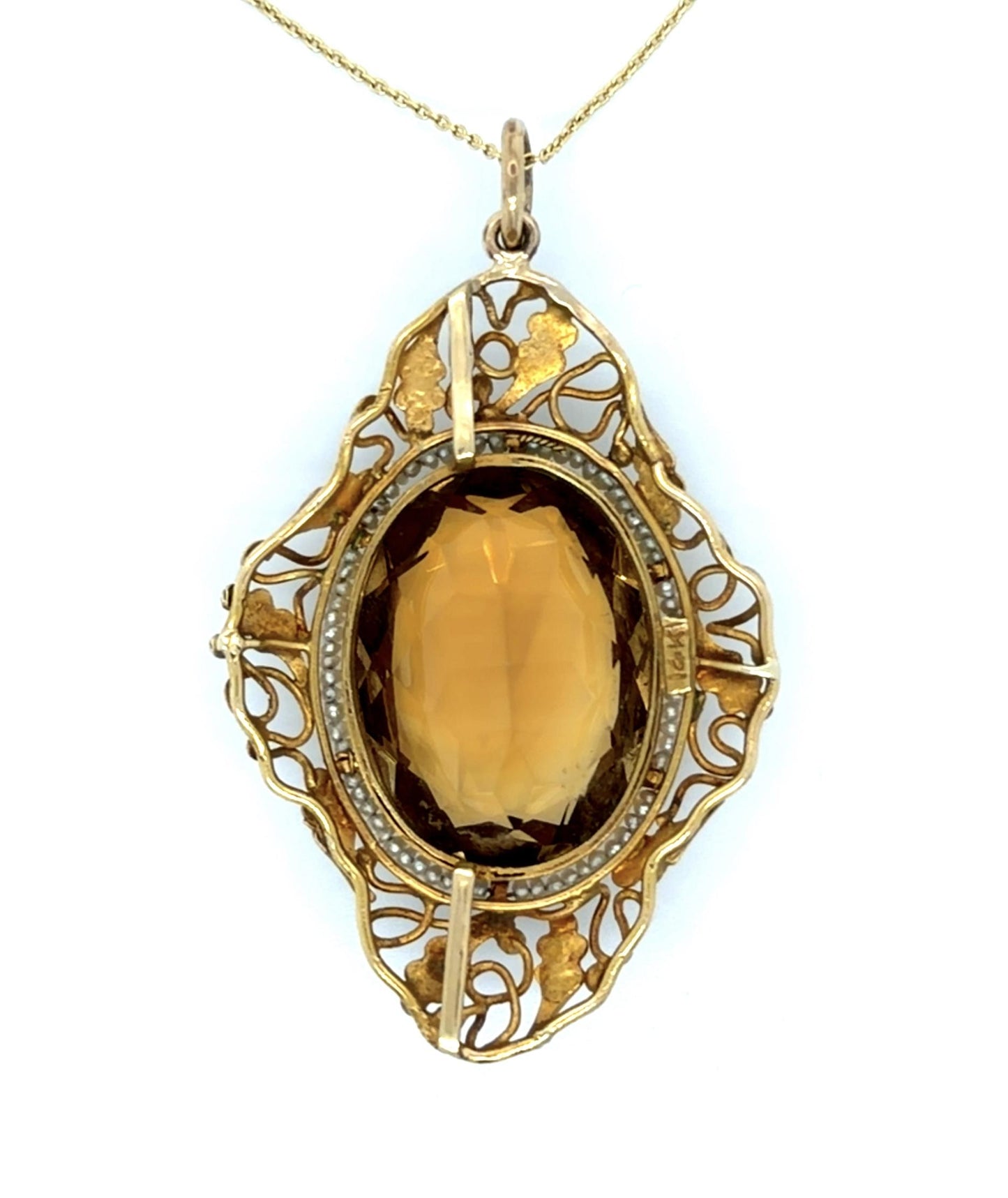 Arts & Crafts 14K Citrine & Pearl Pendant (Antique 1900s) 11.7gr 35.00ct(ci)