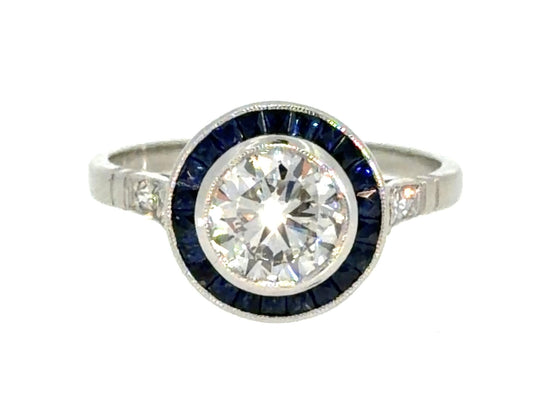 1.17ct Round Diamond .70ct French-cut Sapphire PT Handmade Ring 4.1g 7.25 Size