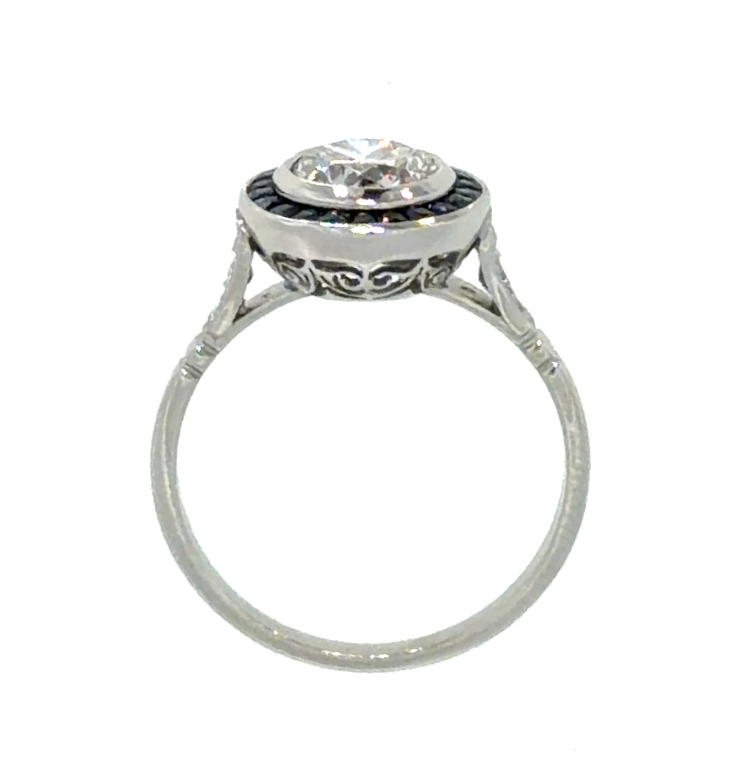 1.17ct Round Diamond .70ct French-cut Sapphire PT Handmade Ring 4.1g 7.25 Size