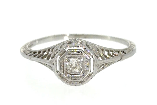 Original Art Deco .10ct Euro Dia 14KW Gold Ring (Vintage 1930s) 1.40g 6.50 Size