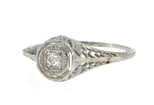 Original Art Deco .10ct Euro Dia 14KW Gold Ring (Vintage 1930s) 1.40g 6.50 Size