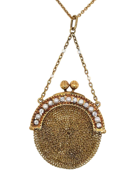 Original Victorian/Edwardian 18KY Gold Miniature Mesh Coin-Purse Pendant .50ct