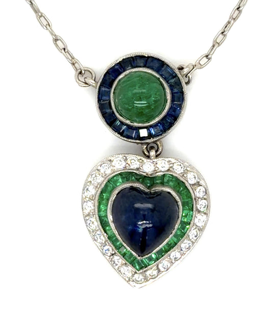 2ct Cabochon Sapphire .60ct Cab Emerald Platinum Handmade Pendant .40ct Emeralds