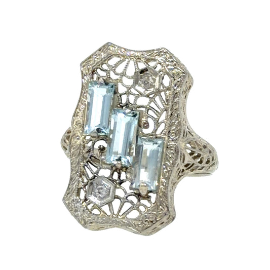 Art Deco 1ct Aquamarine .04ct Diamond 18KW Gold Ring (Vintage 1930s)