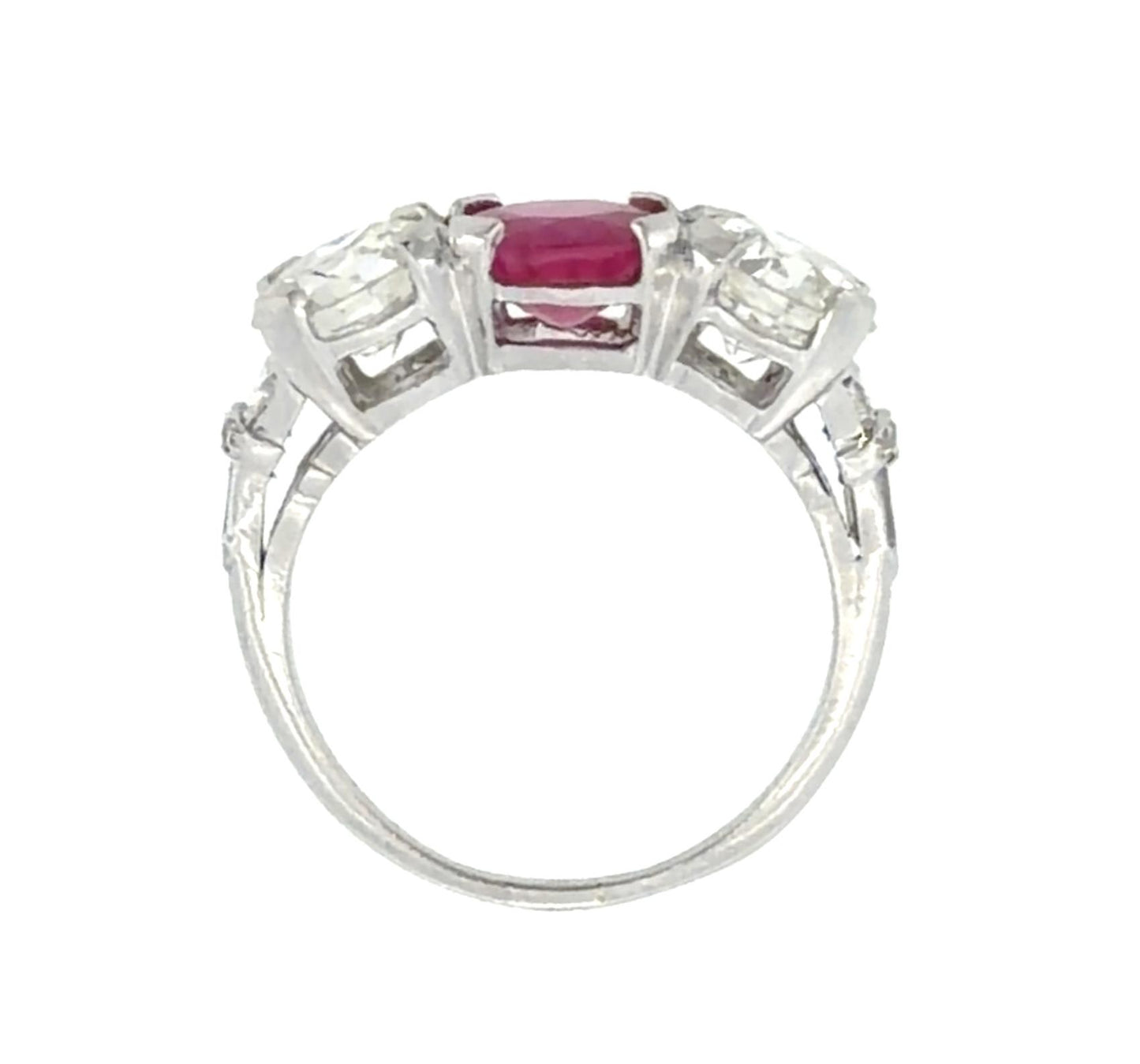 Art Deco 1.55ct Ruby 2.27ct Euro Diamond Platinum Three Stone Ring 1930s