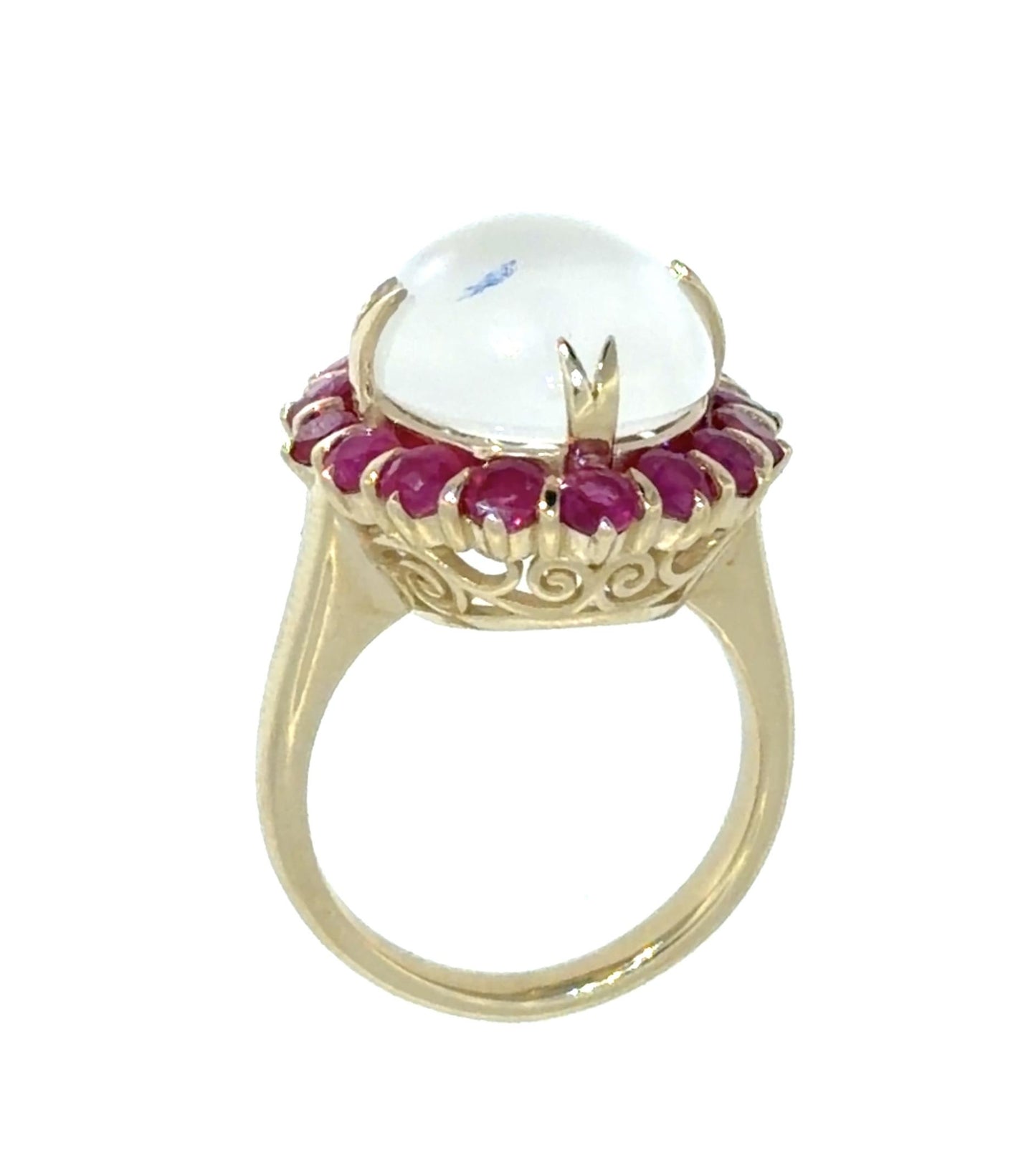 9ct Moonstone 2.20ct Round Ruby 14KY Gold Ring 10g 6.50 Size