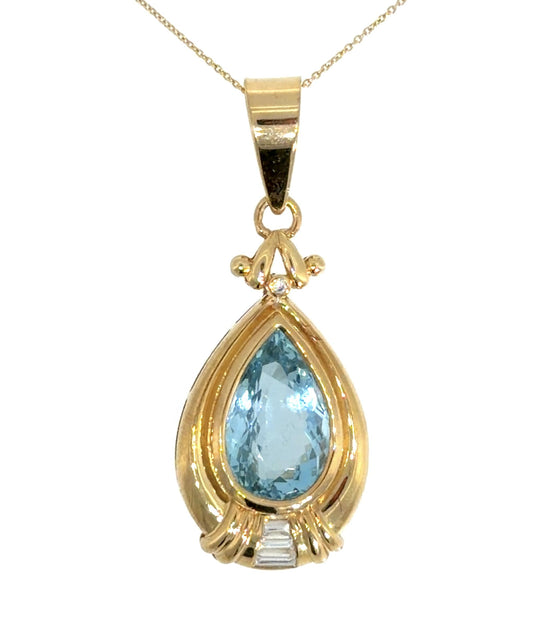9ct Aquamarine .36ct Diamond 14KY Gold Pendant (Vintage 1980s) 9.16g