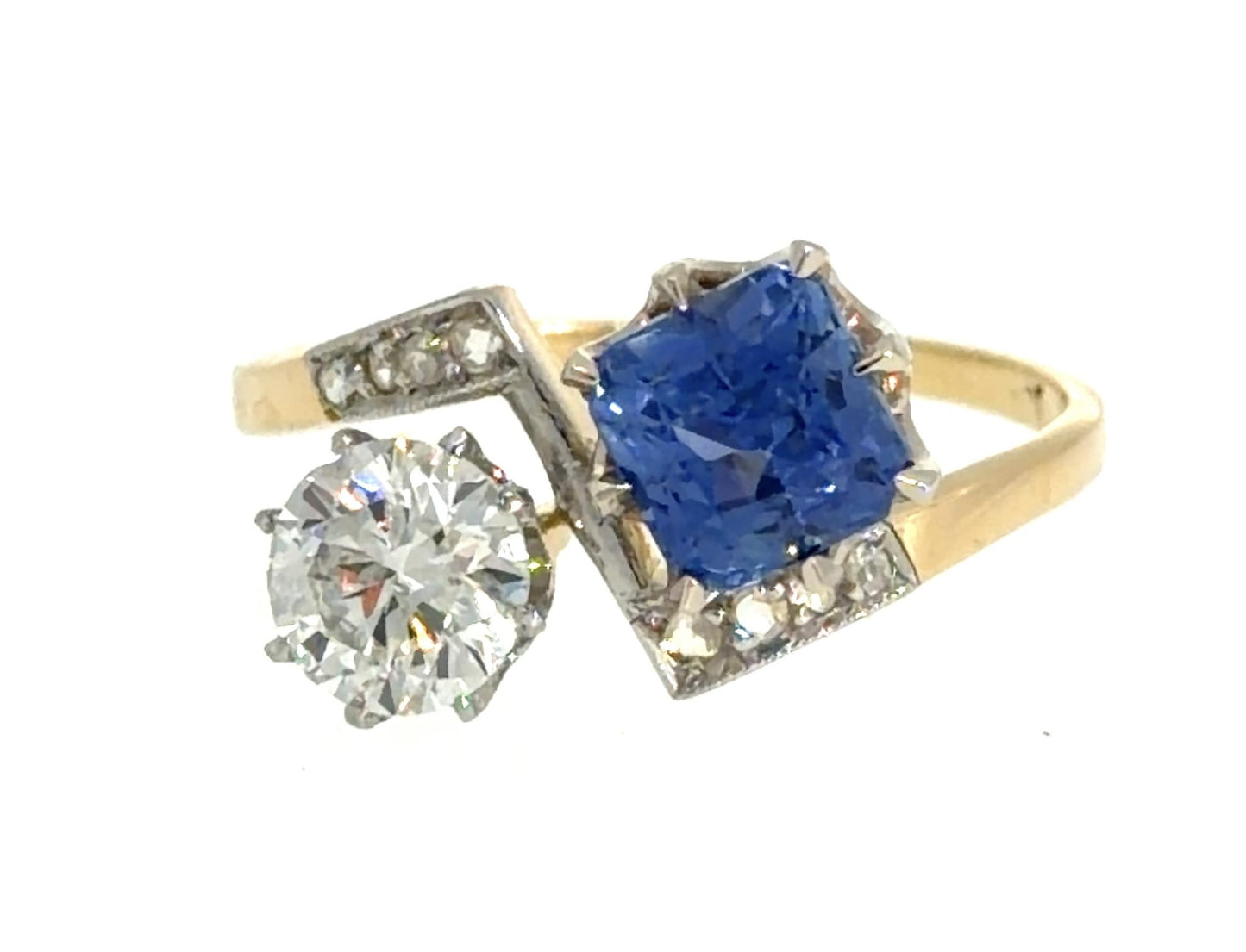 Edwardian .71ct Euro Diamond 1.62ct Cushion Sapphire 18KY Gold + PT Ring