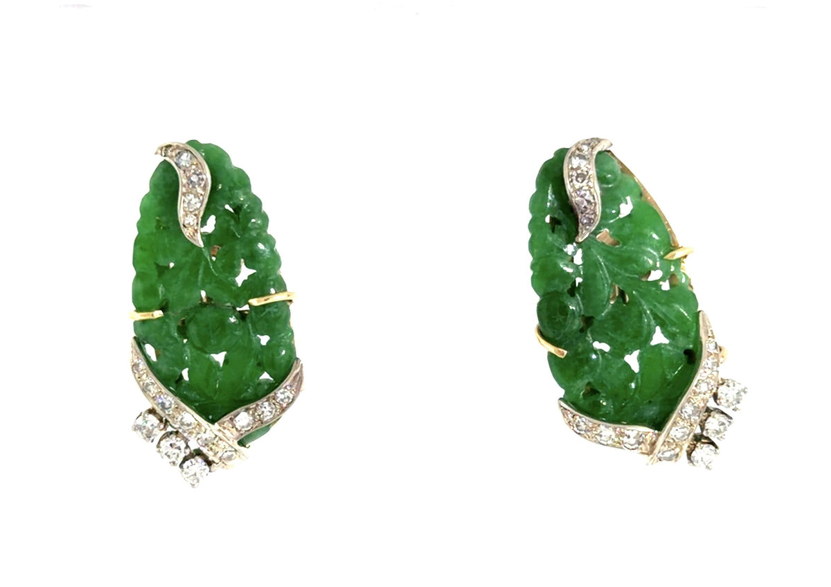 Art Deco 30ct Carved Jade .90ct Diamond 14KY Gold Earrings (Vintage 1930s) 9.69g