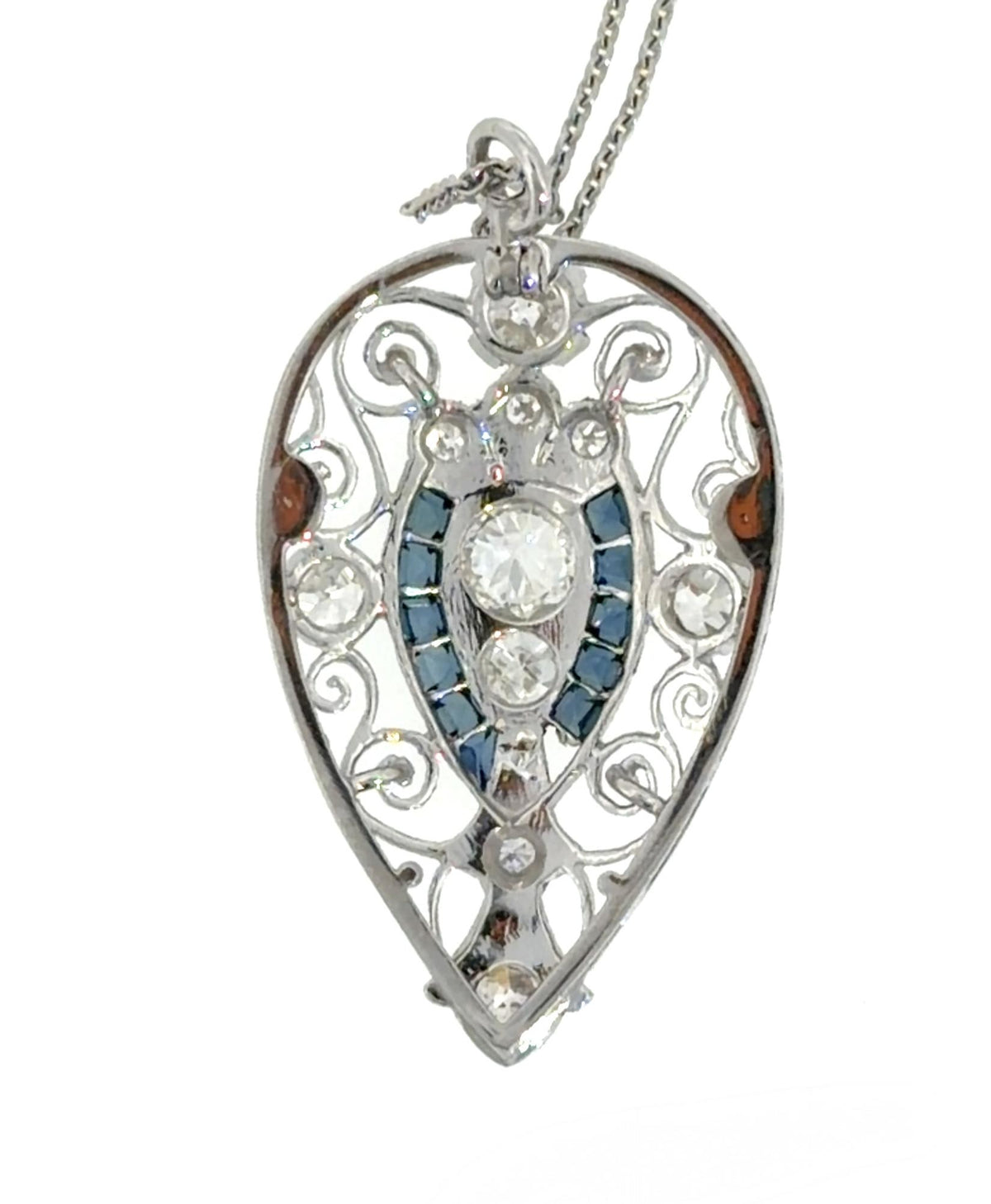 Original Art Deco 1.85ct Euro Diamond 1ct Sapphire 14KW Gold Pendant 1920s