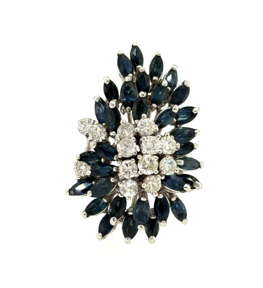 1960’s 14K White Gold Ring 4ct Sapphire 1.10ct Diamond G-I, SI2-I2 11.3g