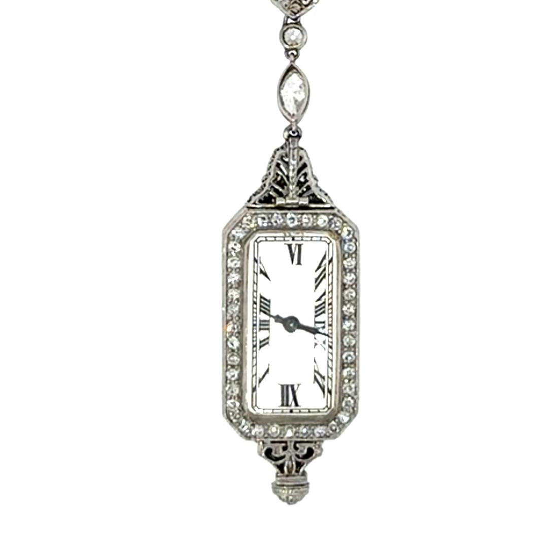 French Art Deco 5ct Euro+Single cut Dia Platinum Diamond Watch Pendant Necklace