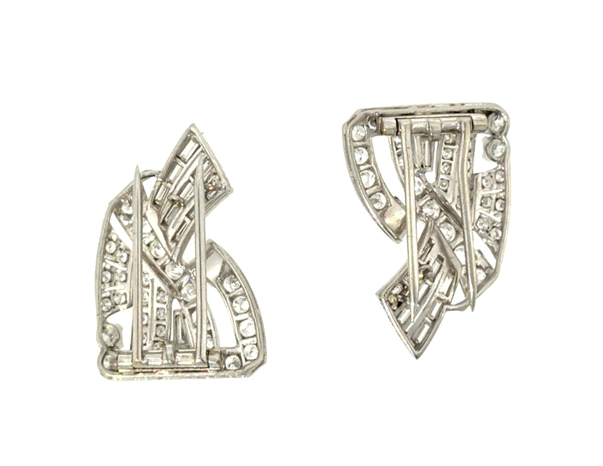 Original Art Deco 5ct Diamond Platinum Brooch Clips (Vintage 1930s) 15.88g 2.25"