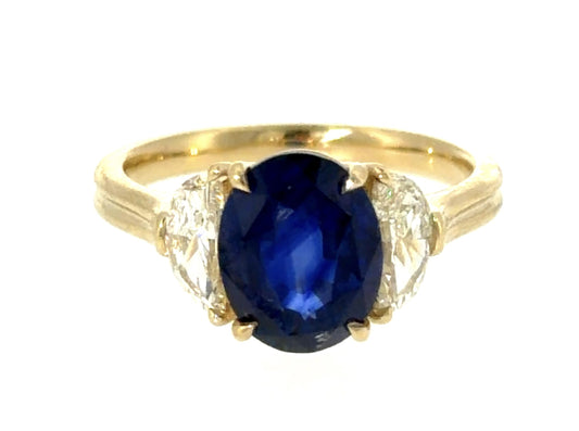 3.47ct Oval Sri Lanka Heated Sapphire .74ct Half Moon Diamond 14KY Gold Ring