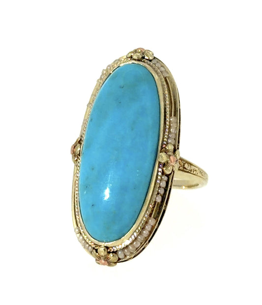 Original Victorian 10.30ct Turquoise 14KY Gold Ring (Antique 1890s) 7.60g