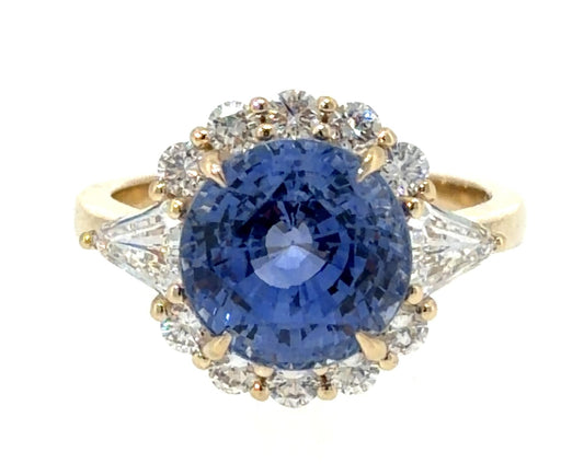 6.20ct Heated Sri Lanka Round Sapphire 14KY Gold Ring .81ct (Two Trillion Dia)