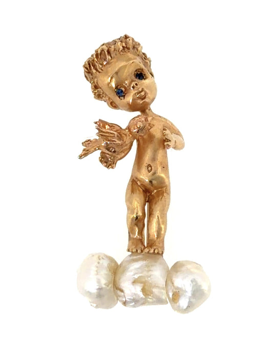 Russer Mississippi Pearls 14KY Gold Cherub Brooch (Vintage 1950s) 12.90g 2.75"