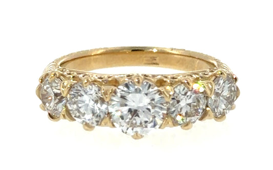 .85ct Center Diamond 1.60ct SD 14KY Gold Five Stone Ring Hand Engraved 5.10g