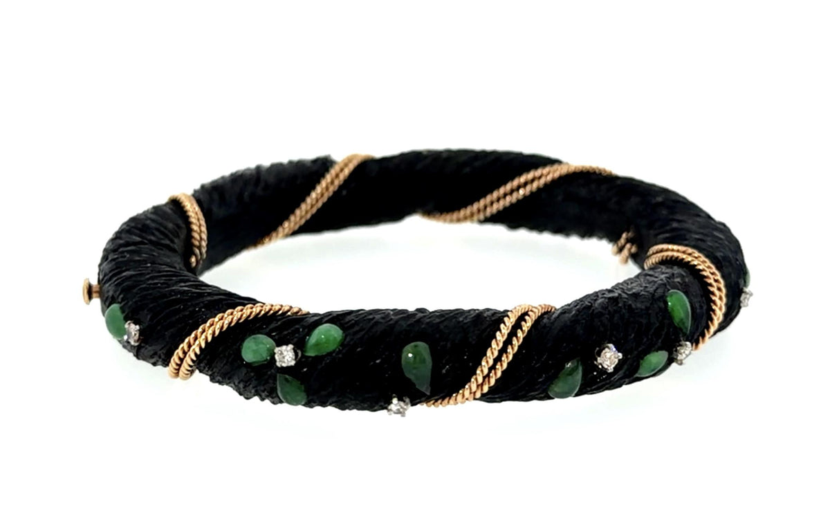 Original 2.50ct Jade .72ct Diamond + Wood 14KY Gold Bangle Bracelet 22.63g