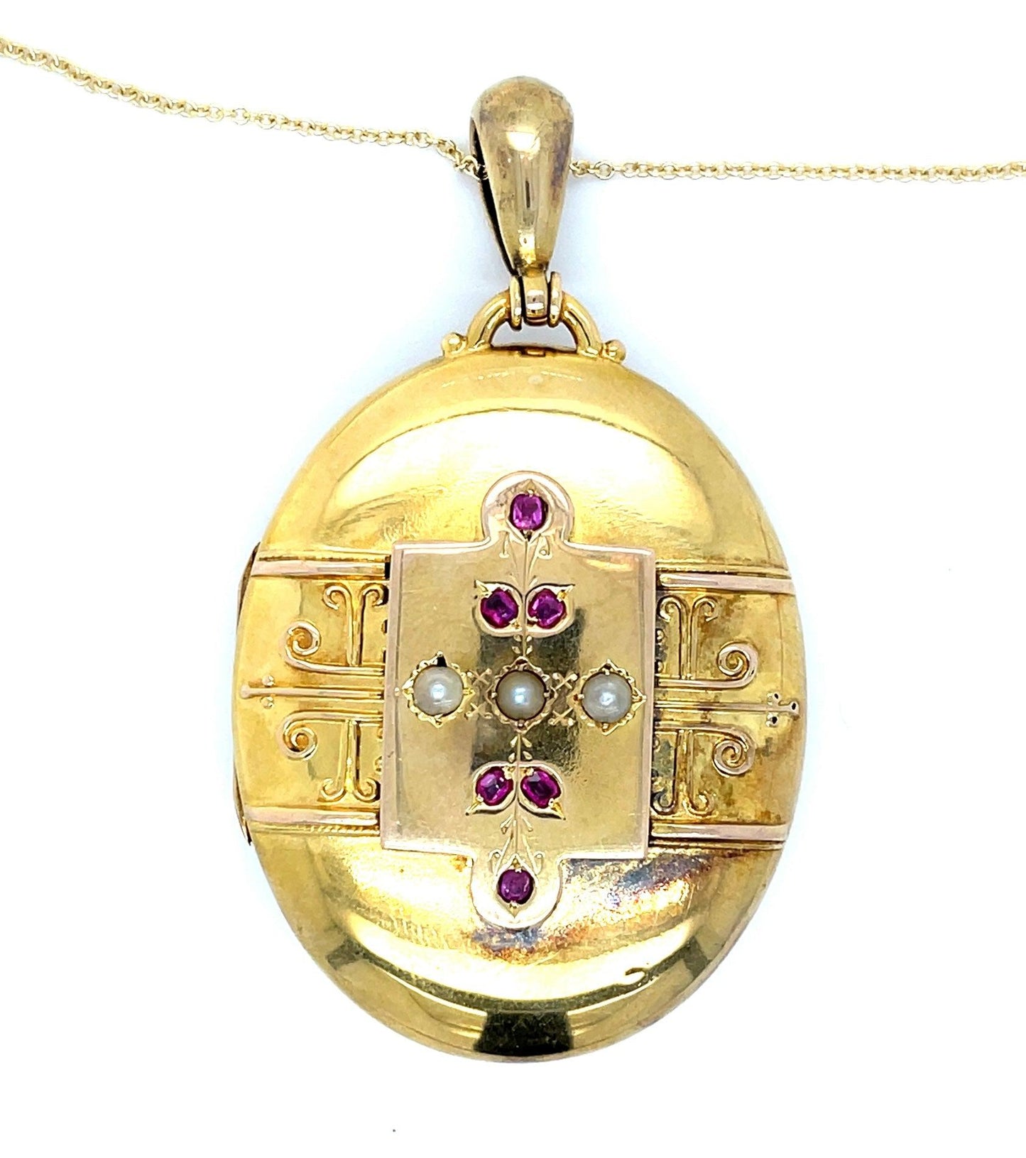 Victorian 14KY Antique Pendant/Locket (Circa 1880s) with pearl and rubies