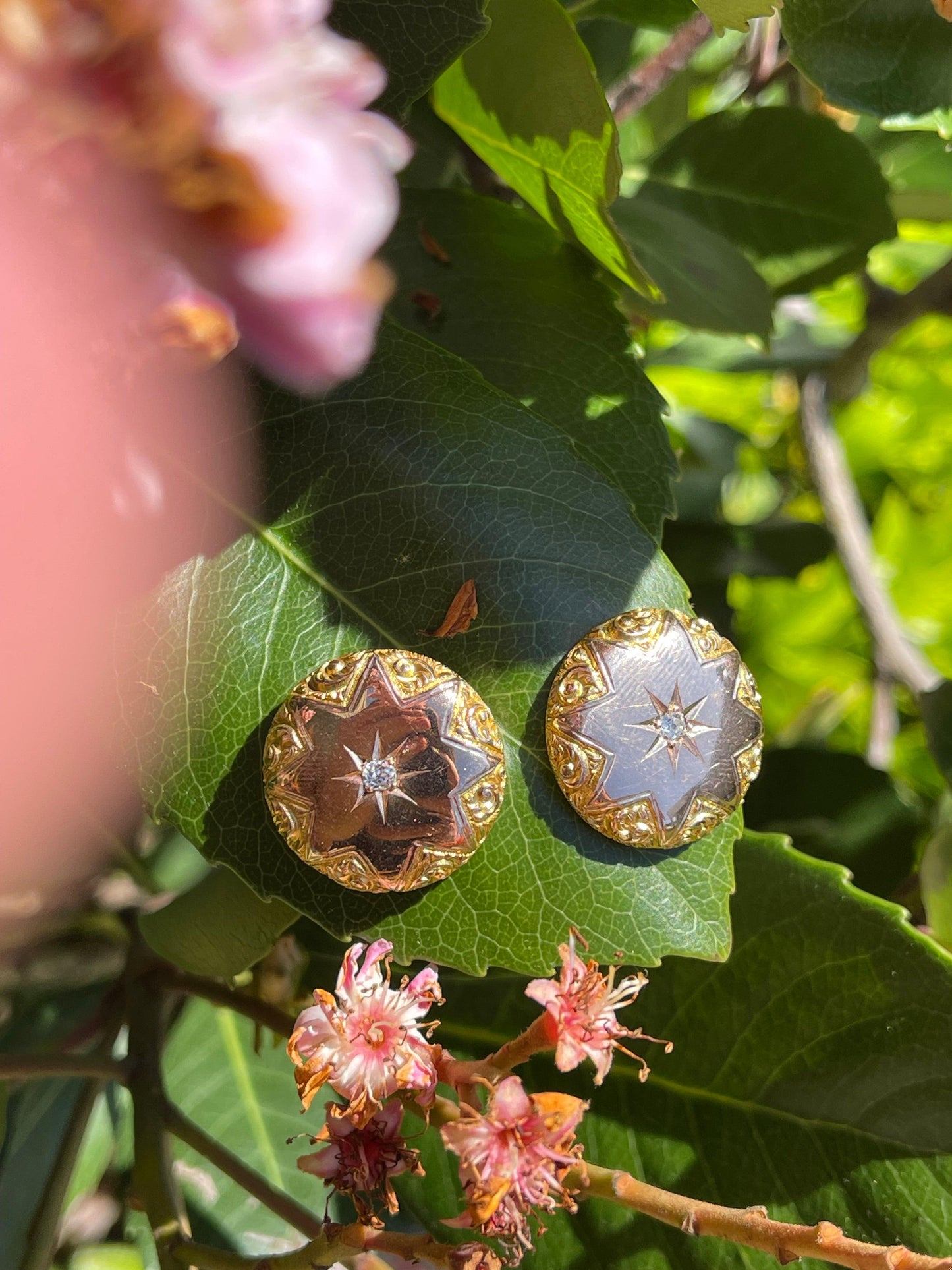 Victorian Cosmos Inspired Antique 18KY Earrings (Circa 1870s) .24ct Old Mine Dia