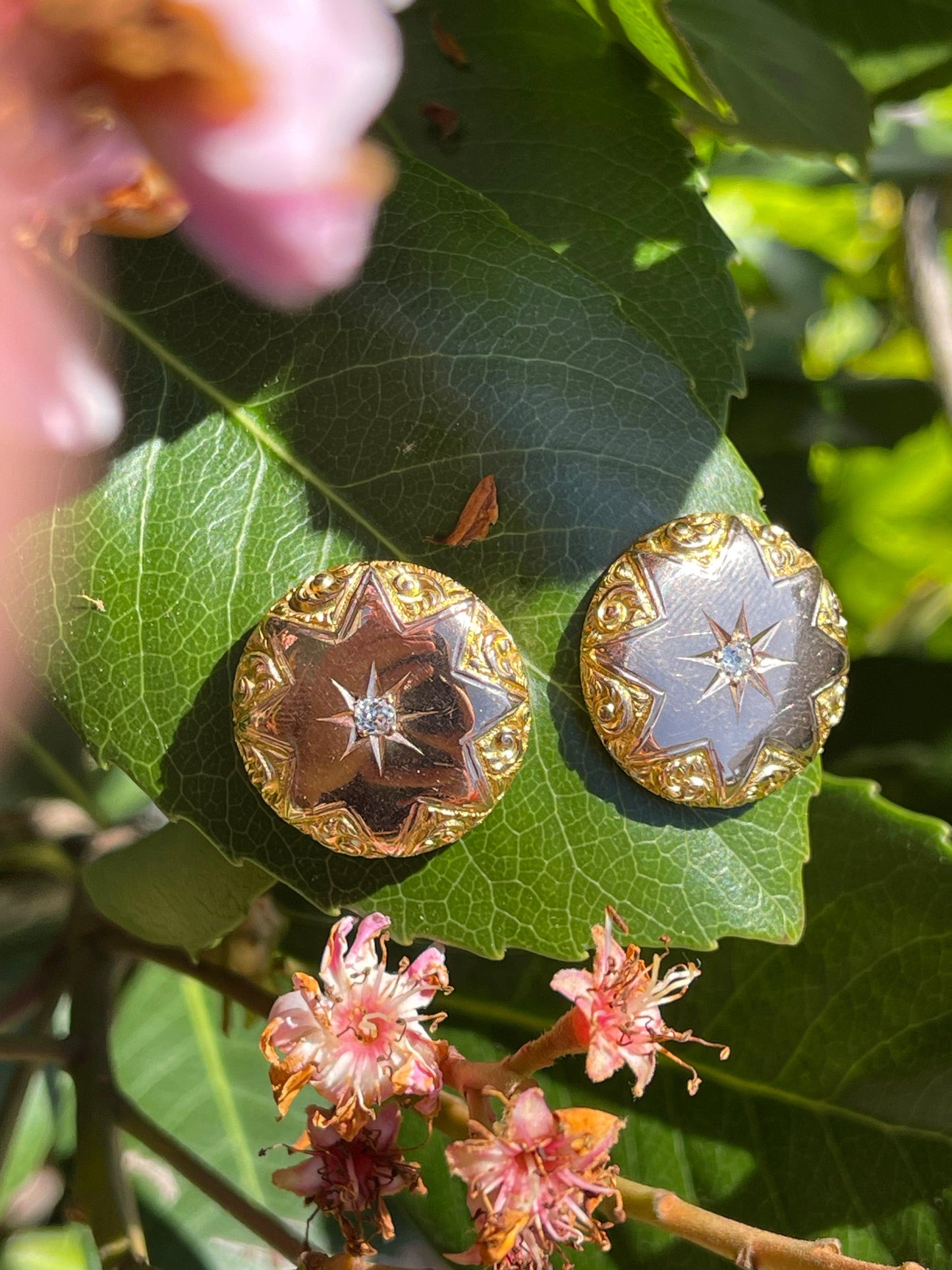 Victorian Cosmos Inspired Antique 18KY Earrings (Circa 1870s) .24ct Old Mine Dia