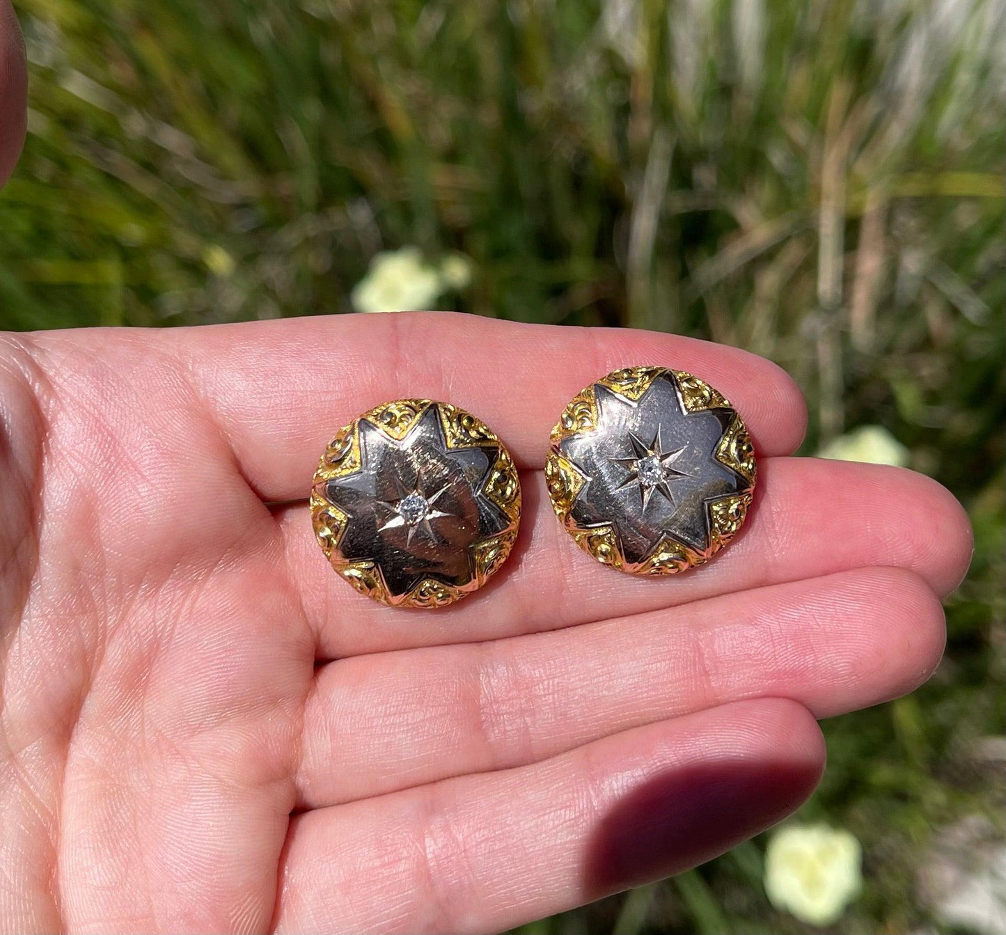Victorian Cosmos Inspired Antique 18KY Earrings (Circa 1870s) .24ct Old Mine Dia