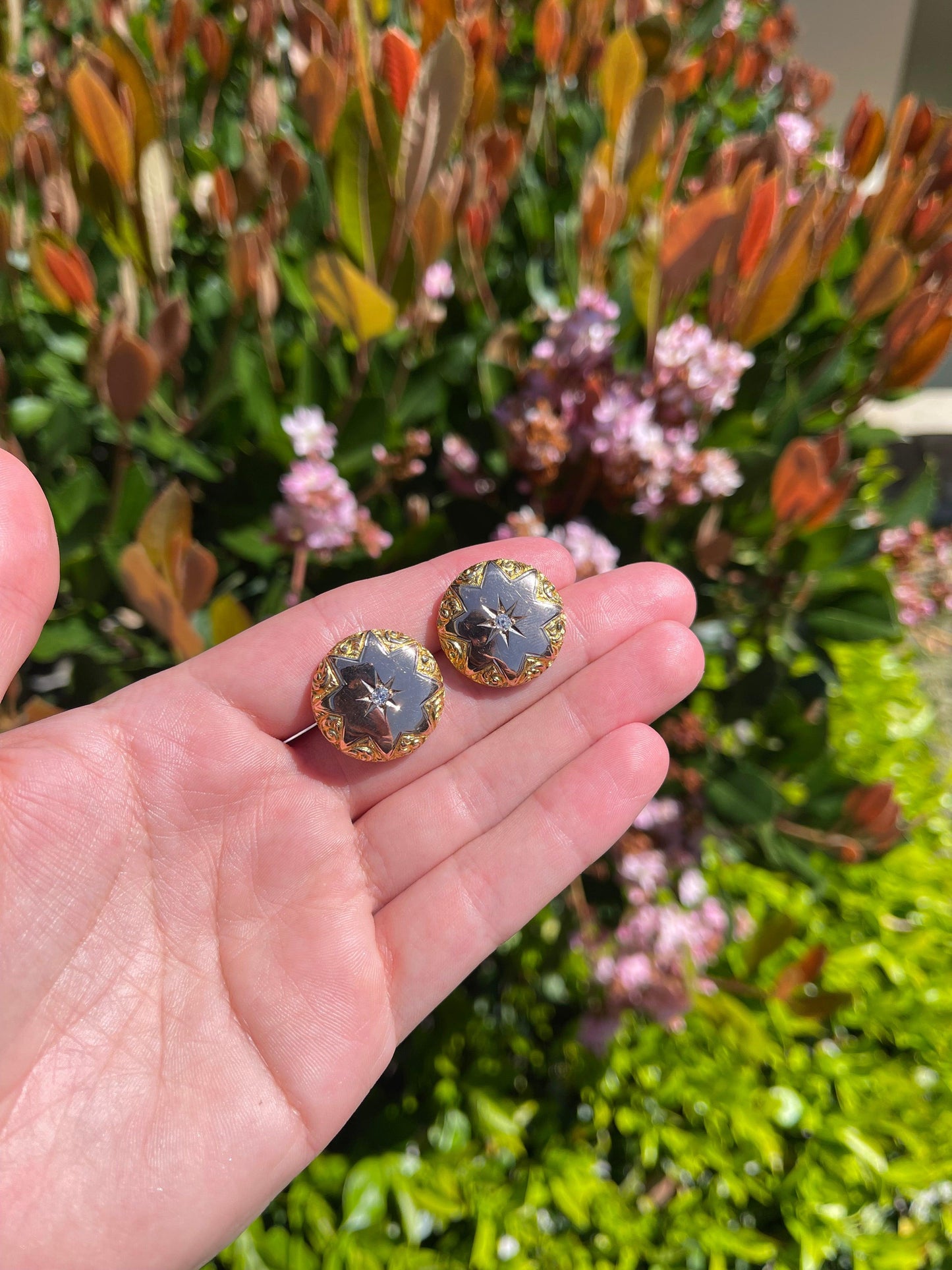 Victorian Cosmos Inspired Antique 18KY Earrings (Circa 1870s) .24ct Old Mine Dia