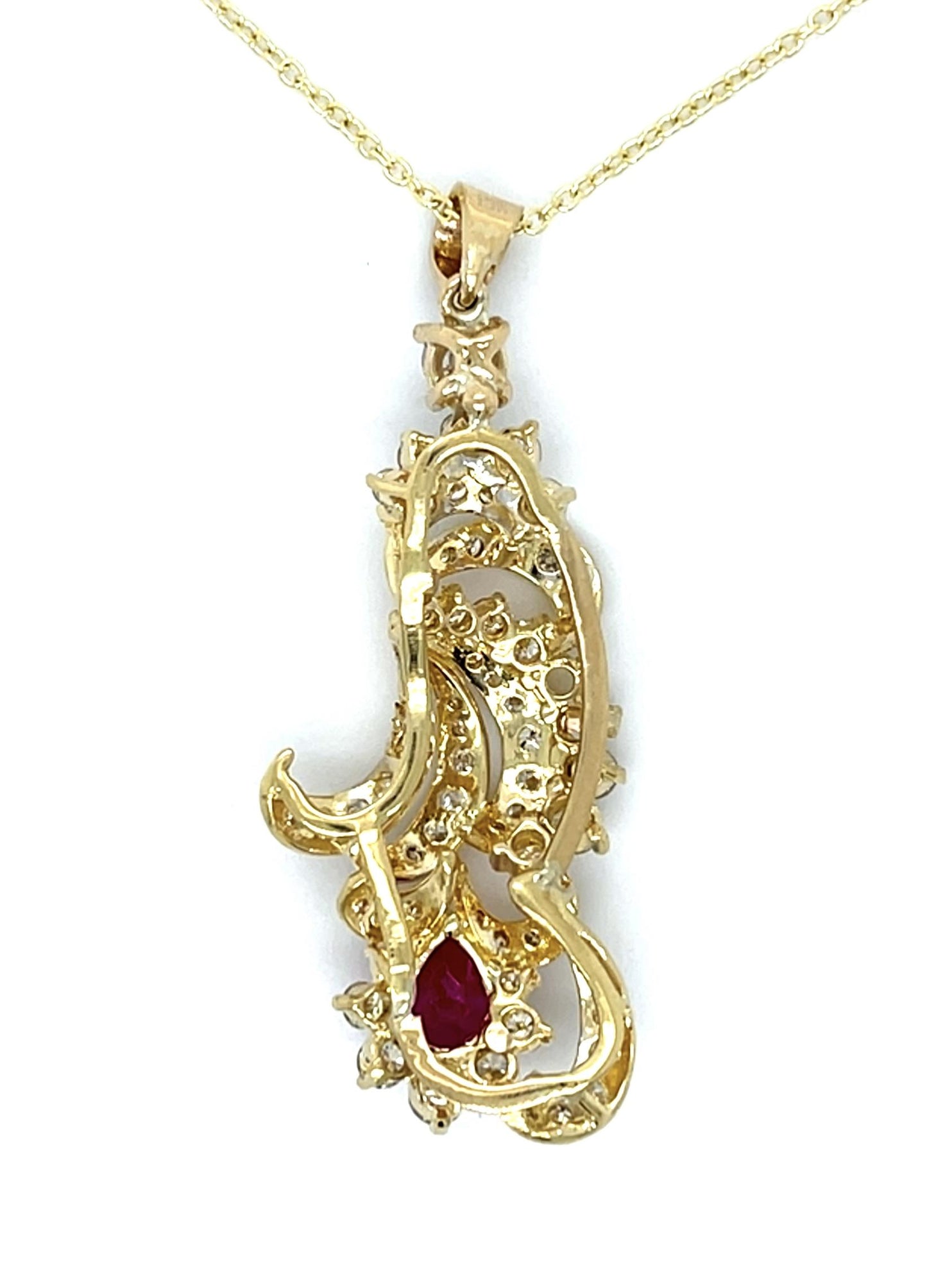 1.40ct Burma Heated Ruby .25ct Center Diamond 18KY Estate Pendant 2.25ct SD 2" L