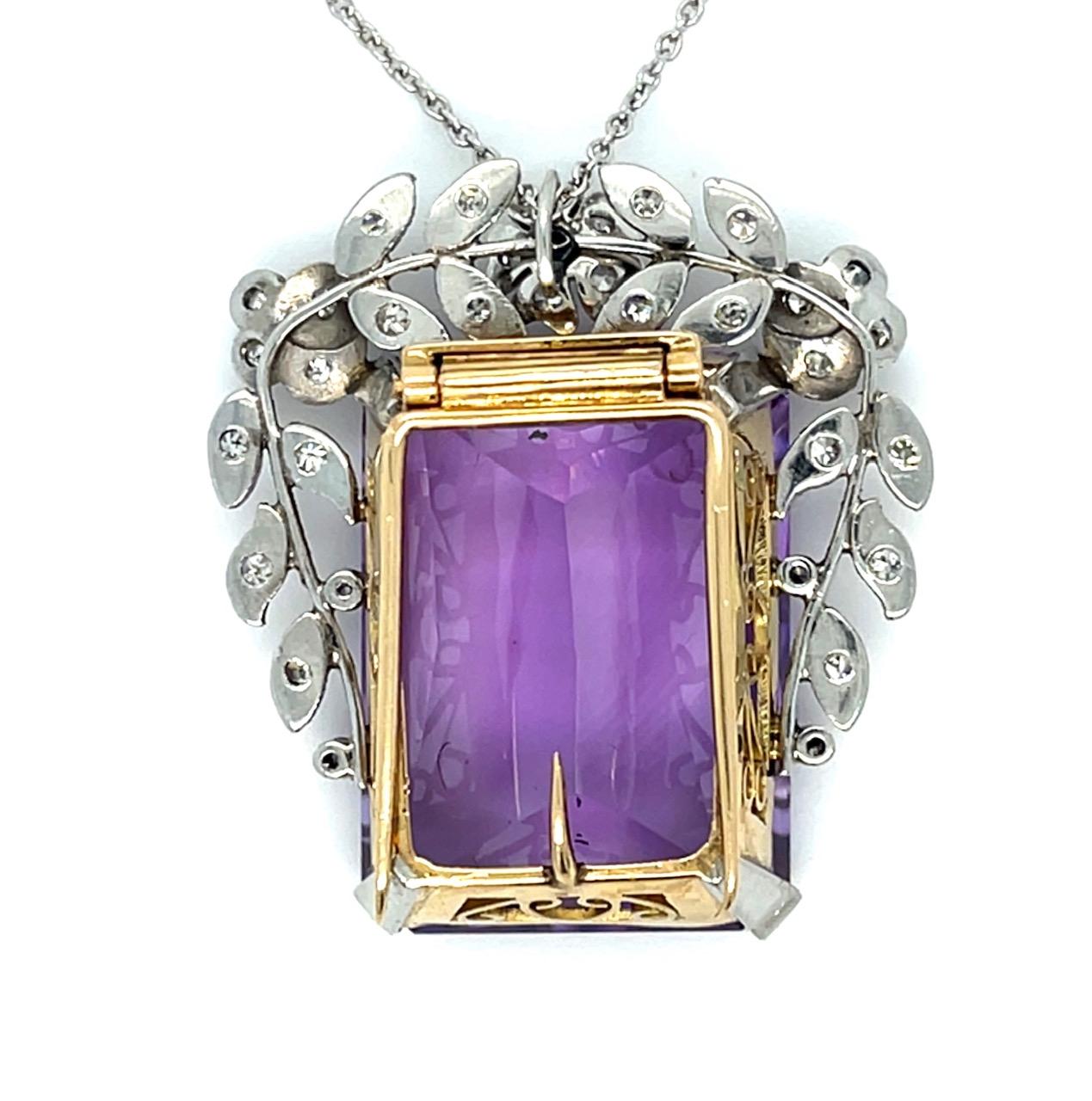 Edwardian 40ct Amethyst 1ct Diamond Platinum+18KY Brooch Pendant (Antique 1910s)