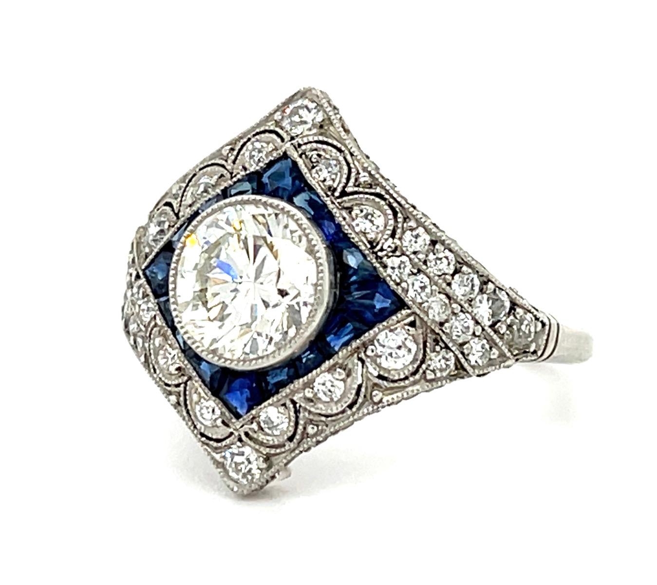 1.20ct Round Diamond .66ct Sapphire Platinum Handmade Ring .68ct SD 6.40g 6 Size