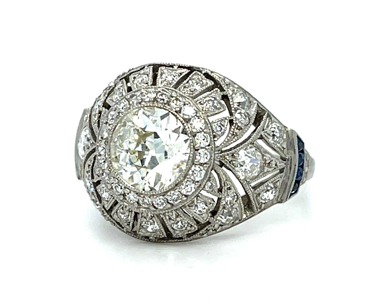 1.13ct Old Euro Diamond Platinum Handmade Ring Sapphires 1.20ct SD 5.51g 7 Size