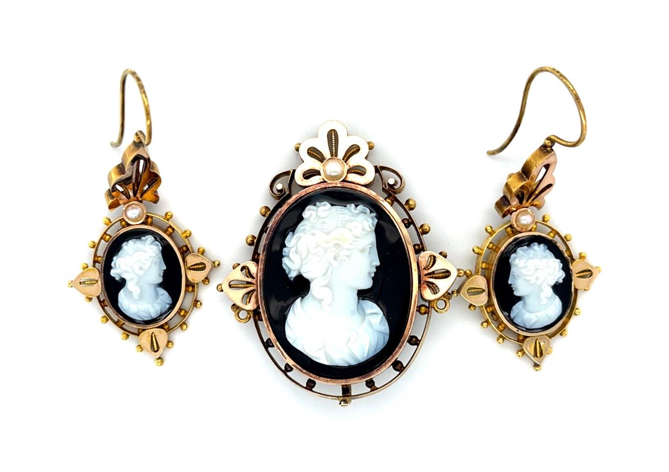 Original Victorian Carved Cameo 15KY Earrings (No Brooch) (Antique 1860s) 10.91g