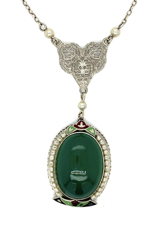 Original Art Deco Green Onyx Natural Sea Pearls 14KW Pendant (Vintage 1930s)