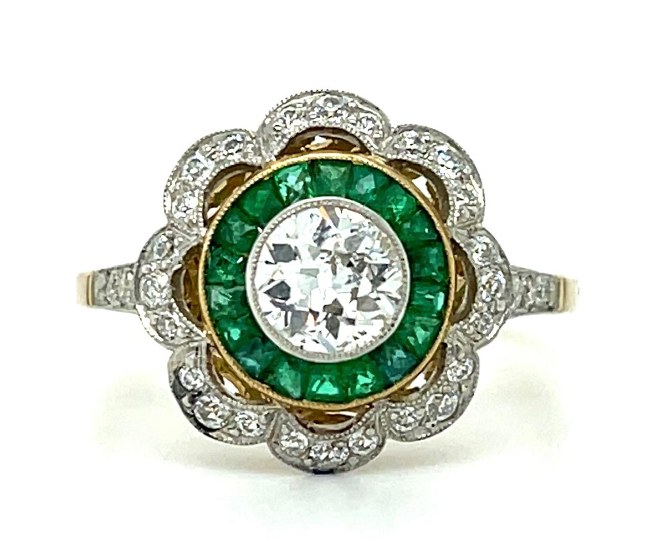 .65ct Old European Diamond .40ct Emerald 18KY+PT Handmade Ring .30ct Dia 4.10g