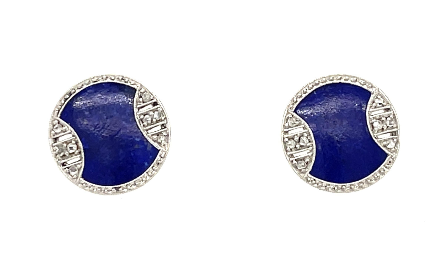 Original Art Deco Blue Lapis .18ct Diamond 14KW Stud Earrings (Antique 1920s)