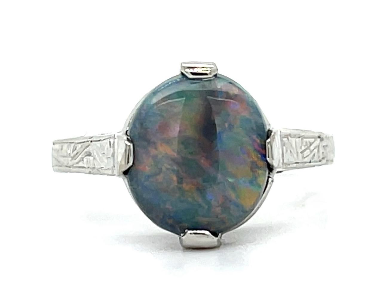 PL Black Australian Opal Art Deco Ring 2.50ct(op) Circa 1930s ESTATE Size 6