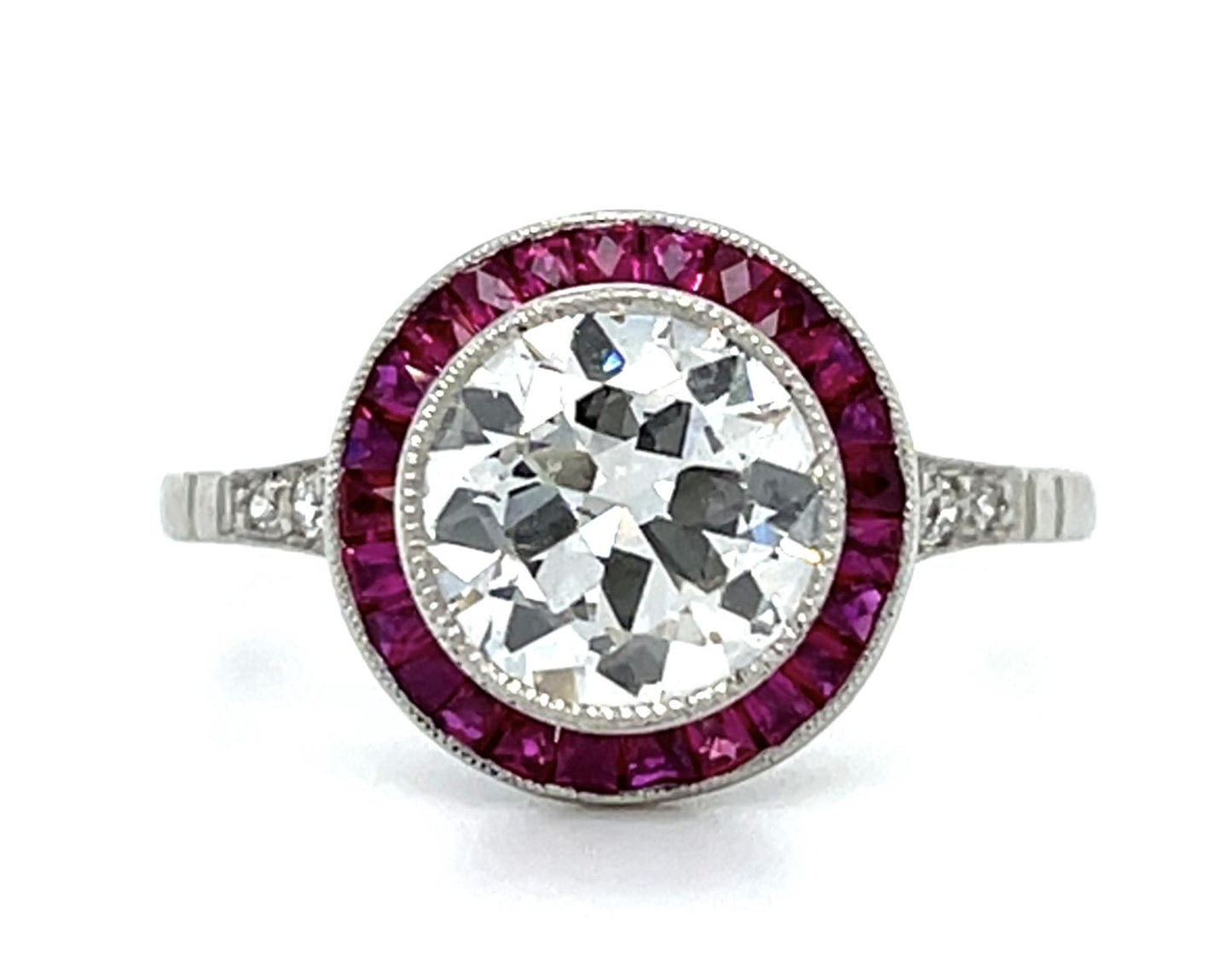 1.69ct H SI2 Old European Diamond 1ct Ruby Platinum Handmade Ring 3.67g 7 Size