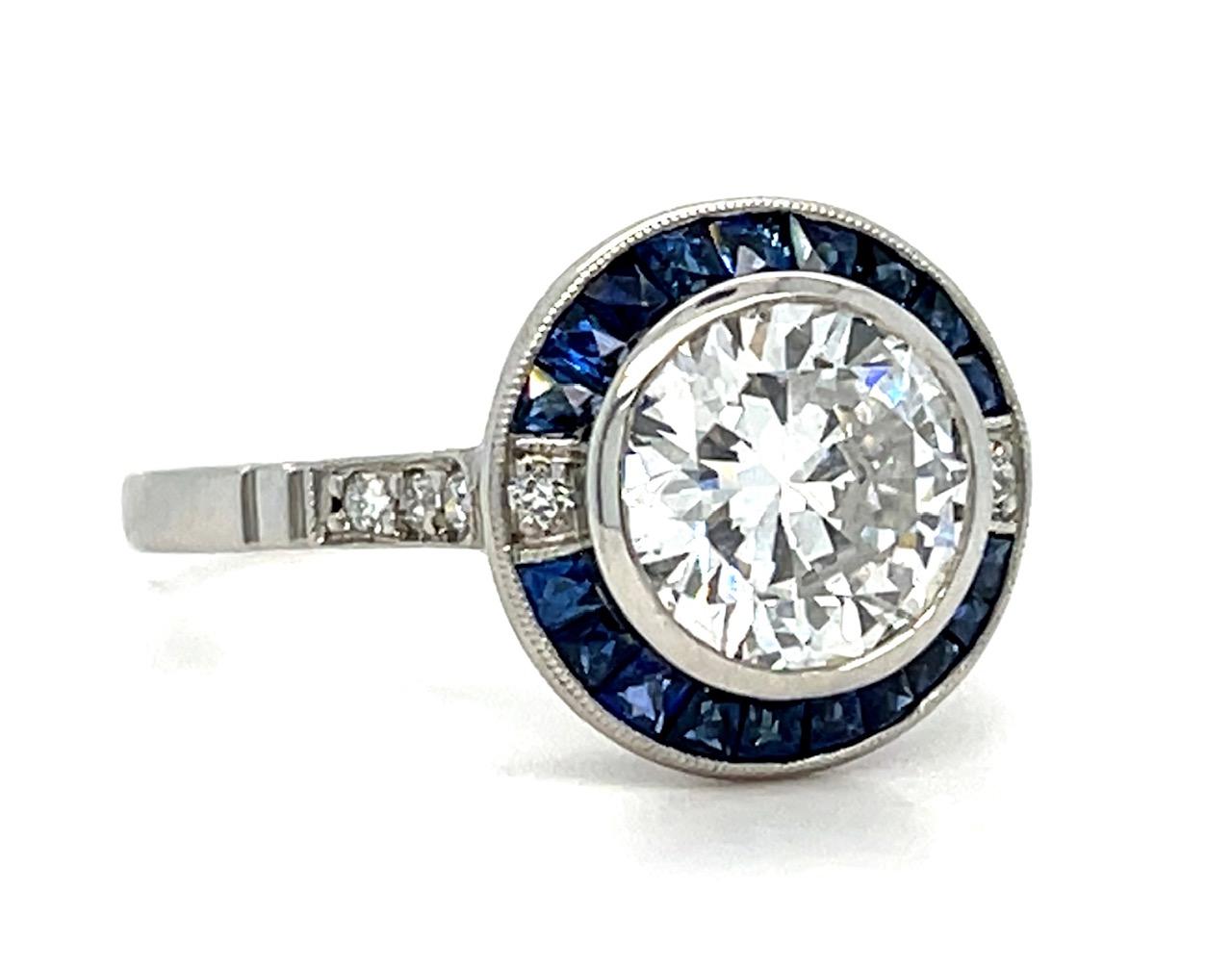 1.53ct Round Brilliant D SI2 Diamond .90ct Sapphire Platinum Handmade Ring 4.20g
